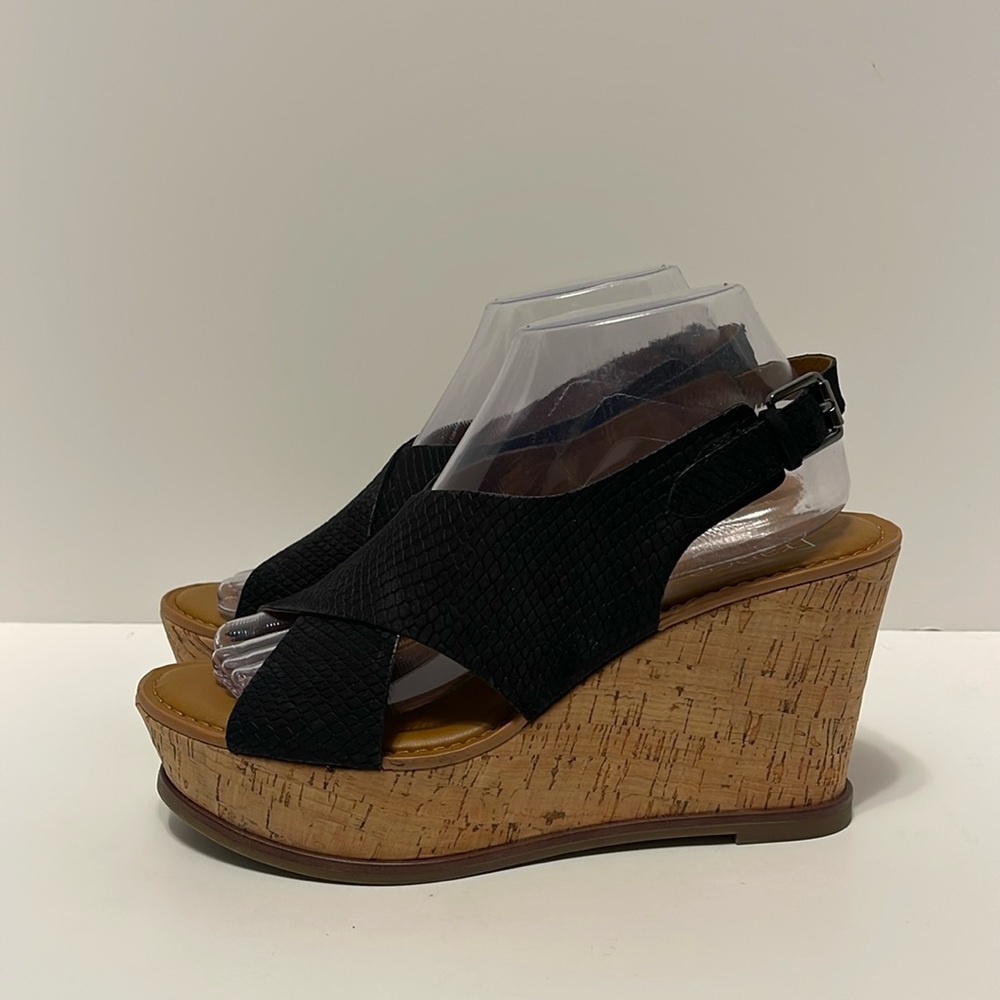 Franco Sarto Wedge Women’s 8.5 Mackenzie Black Leather 3.75” Cork Heel Sandal